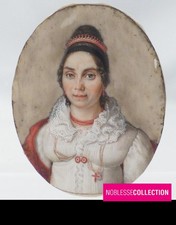 ANTICO RITRATTO DONNA MINIATURA DIPINTO A MANO GOUACHE SCUOLA FRANCESE primi '800