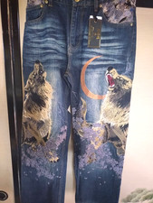 Pantaloni denim Karakuri Tamashii Iki Wolf ricamo 32 pollici M nuovi Japan Me