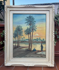 DIPINTO AD OLIO DI PAESAGGIO - PALME - TRAMONTO -  ORIENTEALISTA - XX SEC.