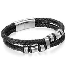 Bracciale Uomo Multistrato Intrecciato Pelle Acciaio Inox Magnetico Braccialetto