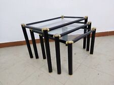 3 Tavolini Impilabili Art Decò Nero Oro Acciaio Vetro Modernariato Anni 80