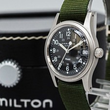 **QUASI NUOVO con custodia** HAMILTON Khaki 9797 quarzo quadrante nero data arabo 33 mm uomo