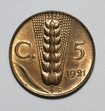 VITTORIO EMANUELE III 5 CENTESIMI SPIGA 1921 RAME ROSSO FDC