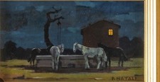 Renato Natali ( Paesaggio notturno con cavalli. Cm 33x18,Firma Sul Retro 