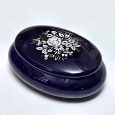 COFANETTO Scatola in CERAMICA PORTAGIOE LIMOGES PORCELLANA Blu e Decoro Floreale