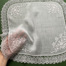 Fazzoletto antico ricamato merletto a fuselli monogramma MMH 45x45 cm
