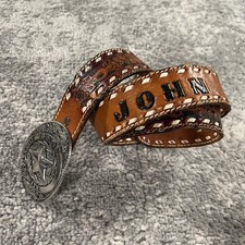 Cintura vintage Western in pelle lavorata da uomo marrone bordo allacciato Texas fibbia sigillo di stato