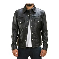 Camicia uomo 100% vera pelle di agnello maniche lunghe moto biker giacca nera