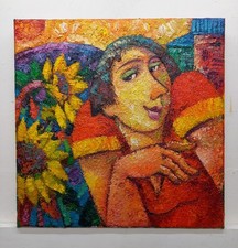 Dipinto Ad Olio Quadro Paesaggio Figura Girasoli Olio  Tela Cm35x35