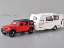 Modellino auto pressofuso scala 1:32 giocattoli Jeep Rubicon camper furgone rimorchio replica