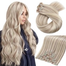 Seamless Clip in Hair Extensions Human Hair Blonde Highlight Remy PU Weft Hum...