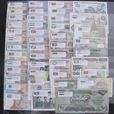 Lotto 100 Carte Monete Diverse Collezione UNC 50 Paesi Banconote Mondiali 