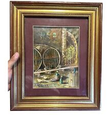 Campagna Galline Botti di vino Olio su tela con cornice vetro A. Ambrosio 17x24