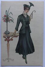 Cartolina donnine cappello piuma fiori abito bastone vaso liberty T8