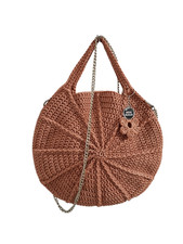 Borsa uncinetto fatta a mano, rotonda, color pesca, con manico a mano e tracolla