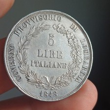 Moneta In Argento Lombardia 5 Lire Italiane  1848 Milano Gov Provvisorio Qspl 