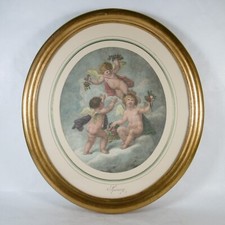 STAMPA PUTTI ANGIOLETTI STAGIONI RAIMONDI PETTINAROLI CORNICE OVALE DORATA LEGNO