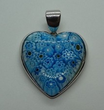 BLUE MURANO GLASS MILLEFIORI HEART PENDANT 925 STERLING SILVER SIGNED ALAN K