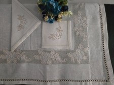 Tovaglia in puro lino Bellora ricamata a mano 12 posti 24 tovaglioli Ecru' color