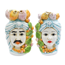 Coppia Teste di moro siciliane 10x8 cm Uomo/Donna Ficodindia pastello mobile arr