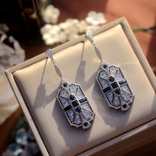 Orecchini a Perno Argentato Art Deco Pizzo Zirconia Cubica Blu Great Gatsby SA1