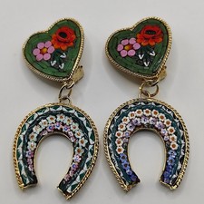 Moschino Vintage Long Multicolored Clip On Mosaic Earrings Hearts Horseshoes
