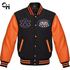 Giacca Letterman Auburn Tigers nera lana e arancione maniche in pelle Varsity