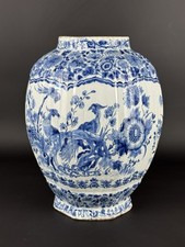 Antico Vaso Ceramica Delft Decorazione Blu Orientale Ottagonale Epoca XIX Sec.