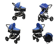 PASSEGGINO CARROZZINA TRIO 3in1 PIEGHEVOLE BLU CON OVETTO AUTO PER BAMBINI