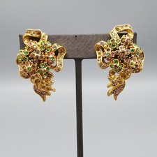 Oscar de la Renta Signed Pastel Crystal Flower Ribbon Gold Tone Clip Earrings
