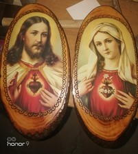 QUADRO SACRO GESÙ E MARIA Foto Applicata Su una lastra di LEGNO. Coppia 