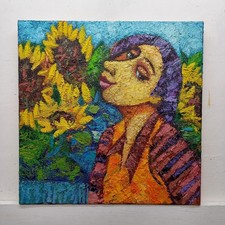QUADRO DIPINTO PAESAGGIO FIGURA GIRASOLI OLIO SU TELA CM35X35