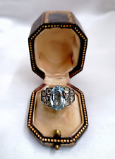 SPETTACOLARE ANTICO ANELLO ORO BIANCO, DIAMANTI E TOPAZIO AZZURRO AUTENTICO 1920