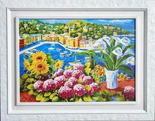 Ortensie a Portofino  Cesati serigr. su tela cm.50x70 rit. a mano- no Faccincani