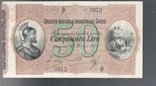 CREDITO AGRICOLO INDUSTRIALE SARDO 50 LIRE 1874 RARO BB+ pressato LOTTO.1198