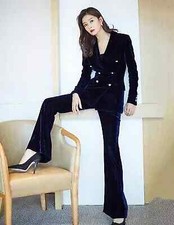 Tailleur completo donna blu velluto elegante giacca manica lunga pantalone 4861