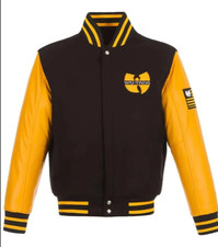 Giacca Letterman WU-Tang Classic nera e gialla Varsity con manica in vera pelle