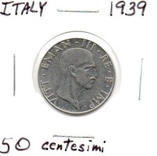 1939 Italy 50 Centesimi Coin