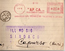 PIEGO DI LETTERA " AFFRANCATURA ROSSA" AP.CA DOTT. CANDIDO CABBIA " VENEZIA 1949