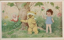 154346v vecchia cartolina di gnomi elfi nel prato con orsetto