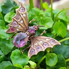 Antica spilla sciarpa stile liberty "farfalla" con ametista e perle - 1900 circa