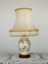 Louis Drimmer Faience Style Table Lamp with Wooden Plinth & Fringed Shade 5633