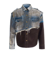 Giacca moto uomo retrò blu denim misto marrone ecopelle bottoni punk nuova