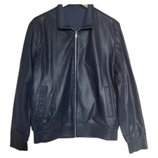 Bomber reversibile vintage Moreschi misto lino pelle di agnello uomo taglia 50 blu navy