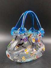 Vaso soprammobile BORSA Murano vetro trasparente con fiori maniglia celeste