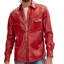 Camicia uomo pelle rossa maniche lunghe 100% vera pelle di agnello giacca mot...