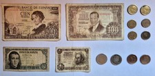 Spagna, lotto monete e banconote spagnole dal 1937 al 1965. Buone condizioni.