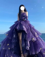 Abito da ballo viola gotico Lolita vittoriano senza spalline davanti corto pizzo sera