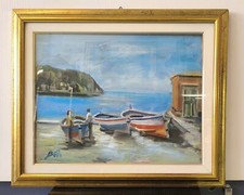 Scorcio di mare con barche e pescatori Olio su legno firmato