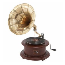 Grammofono con tromba HIS MASTER'S VOICE in legno e ottone FUNZIONANTE rotondo
